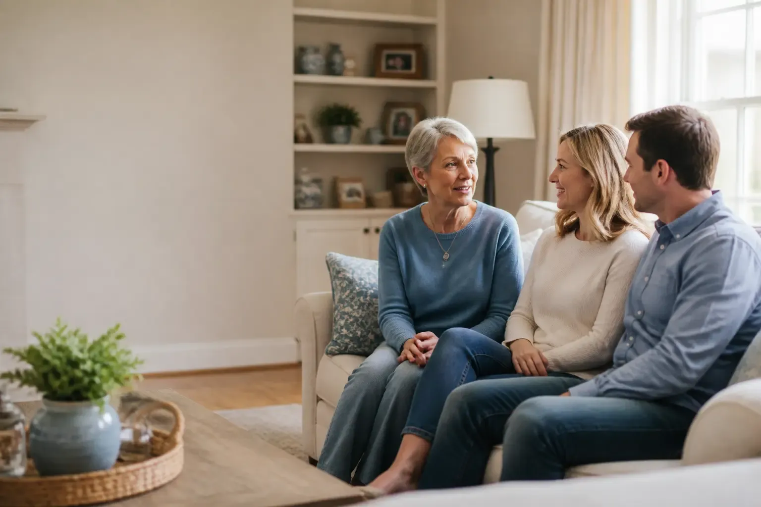 Three adult family members talking together at home.