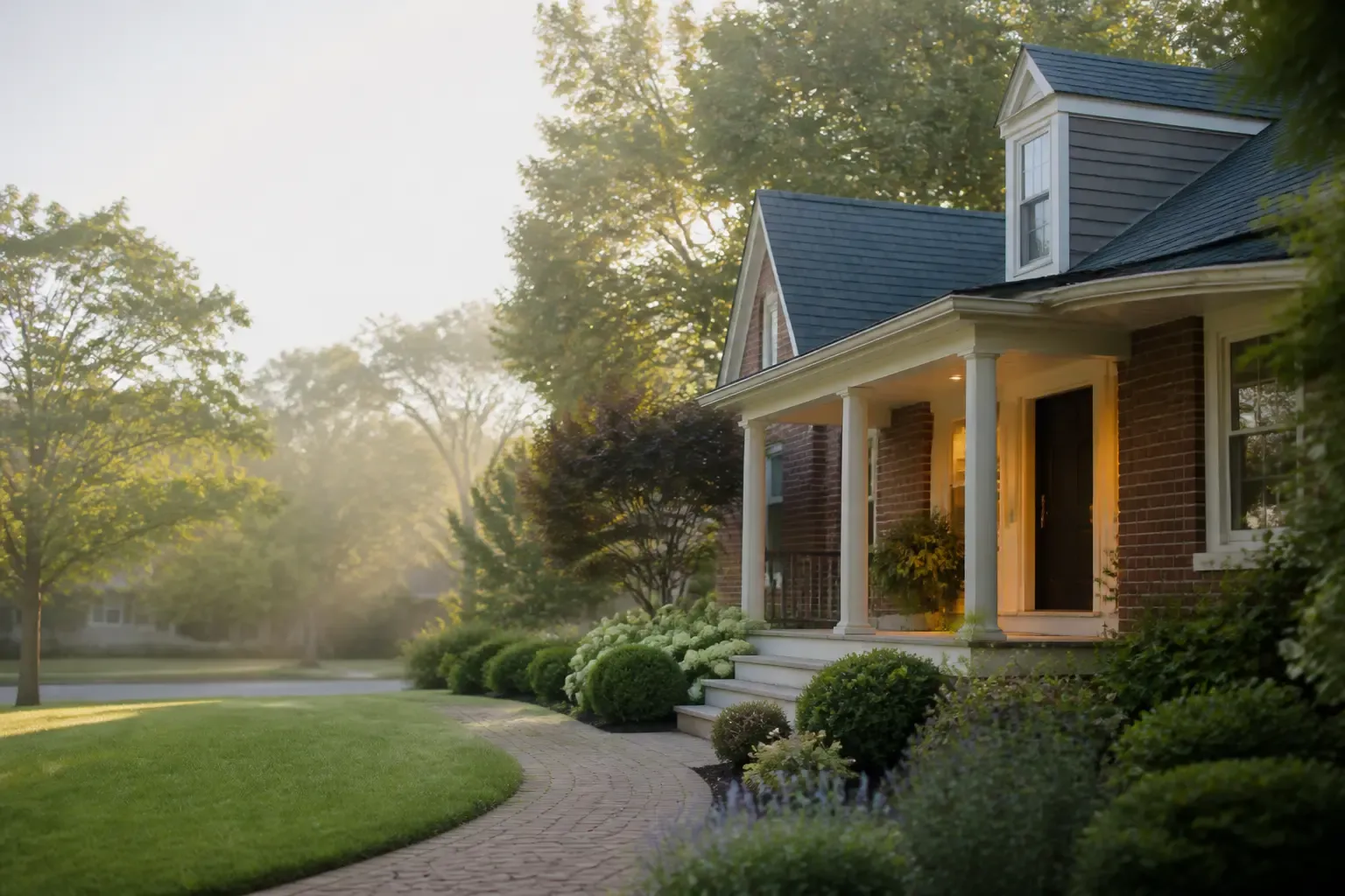 A welcoming brick home with a front porch and mature trees.